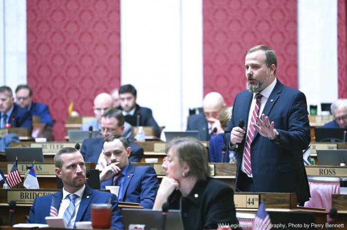 Republican West Virginia Del. Todd Kirby speaks in support of a bill that would create a test for courts to apply when people challenge government regulations they believe interfere with their constitutional right to religious freedom in the House of Delegates chamber of the state Capitol in Charleston, W.Va.