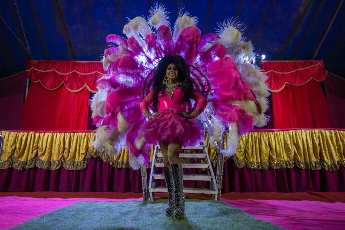Timoteo Circus performer René Sáez, dressed in his role as "Verónica Power," poses for a photo on the outskirts of Santiago, Chile.