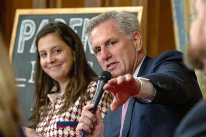 Speaker of the House Kevin McCarthy, of Calif., right, speaks about the proposed legislation dubbed the "Parents Bill of Rights," Wednesday, March 1, 2023, next to Rep. Elise Stefanik, R-N.Y., on Capitol Hill in Washington.