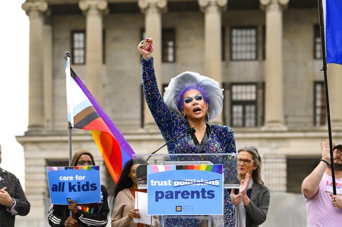 Drag artist Vidalia Anne Gentry speaks during a news conference held by the Human Rights Campaign to draw attention to anti-drag bills in the Tennessee legislature, on Tuesday, Feb. 14, 2023 in Nashville, Tenn.