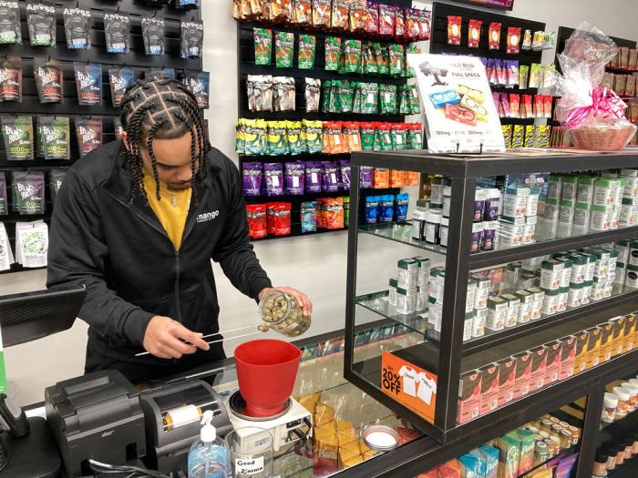 Ethan McKee, vice president of Mango Cannabis, weighs marijuana flowers at a dispensary, Tuesday, Feb. 28, 2023, in Oklahoma City. Voters in Oklahoma, which already has a robust medical marijuana program, will decide on Tuesday, March 7, whether to legalize cannabis for adults over the age of 21. (AP Photo/Sean Murphy)