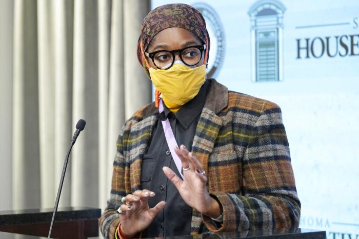 Oklahoma state Rep. Mauree Turner speaks during a news conference, Dec. 5, 2022, in Oklahoma City.
