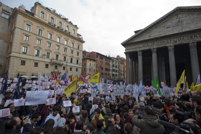 Activists demonstrate in favour of rights for gay couples, in Rome on Jan. 23, 2016.