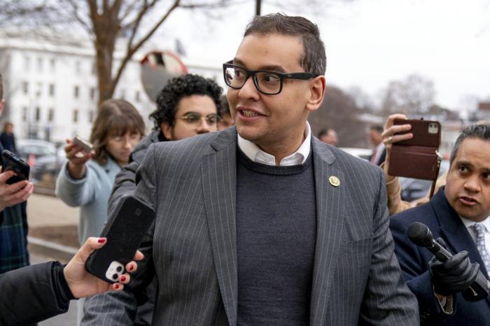 U.S. Rep. George Santos, R-N.Y., leaves a House GOP conference meeting on Capitol Hill in Washington, Jan. 25, 2023.