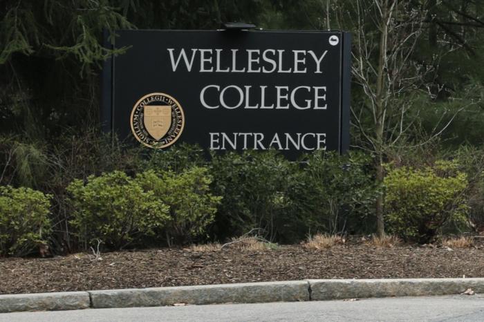 The entrance to Wellesley College in Wellesley, Mass., is pictured on April 20, 2020. 