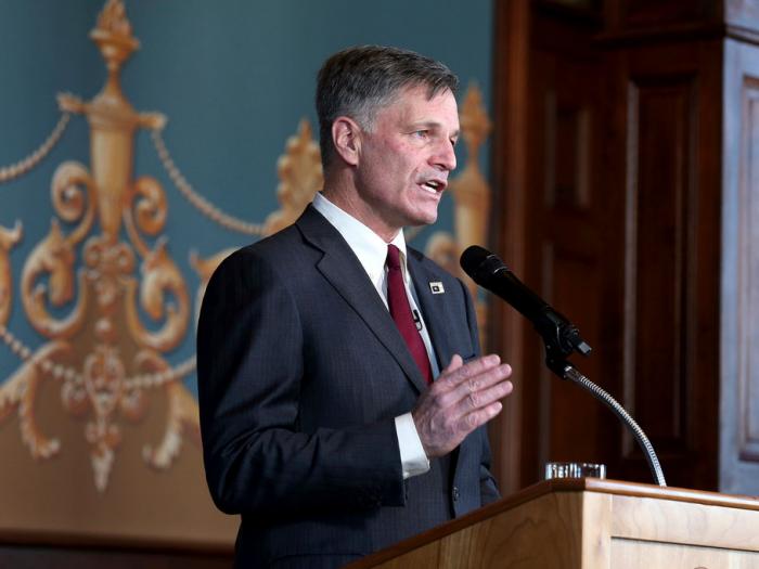 Wyoming Gov. Mark Gordon gives the State of the State address to the Wyoming Legislature on March 2, 2021, inside the state Capitol in Cheyenne,