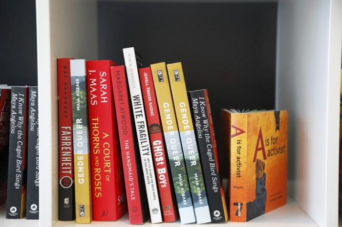 Books are displayed at the Banned Book Library at American Stage in St. Petersburg, Fla., Feb. 18, 2023. 