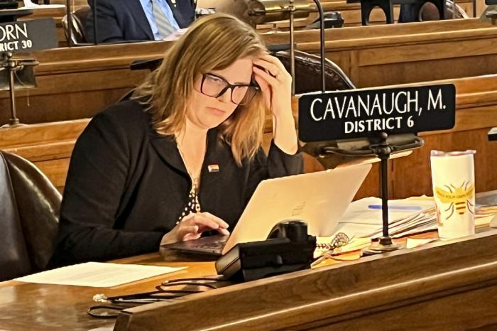 State Sen. Machaela Cavanaugh prepares to speak before the Nebraska Legislature Monday, March 13, 2023, at the Nebraska State Capital in Lincoln, Neb. 