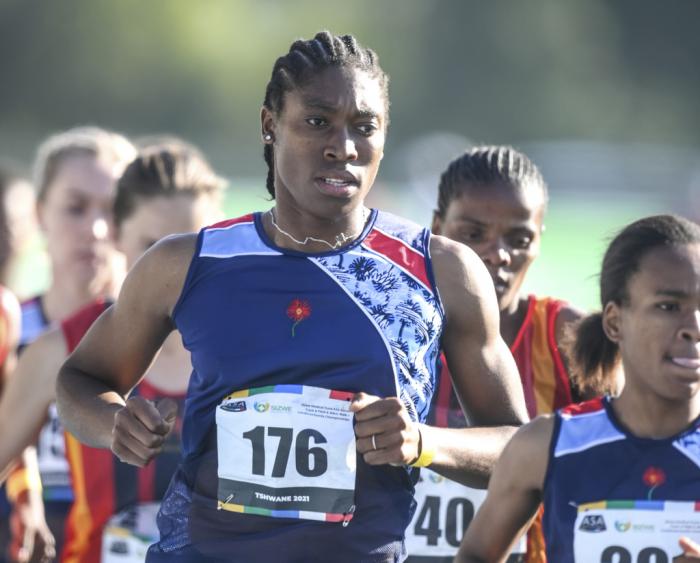 South African long distance athlete Caster Semenya on her way to winning the 5,000 meters at the South African national championships in Pretoria, South Africa, Thursday, April 15, 2021.