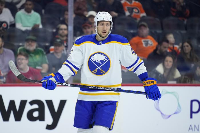 Buffalo Sabres' Ilya Lyubushkin plays during an NHL hockey game, Friday, March 17, 2023, in Philadelphia.