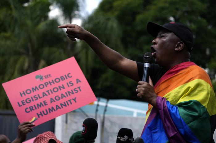 he Economic Freedom Fighters (EFF) leader Julius Malema speaks during their picket against Uganda's anti-homosexuality bill at the Ugandan High Commission in Pretoria, South Africa, Tuesday, April 4, 2023.