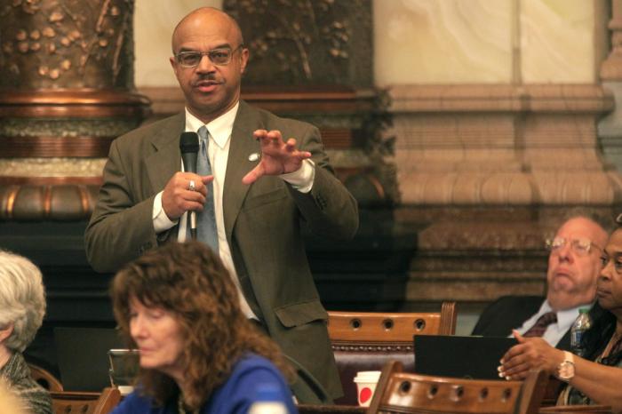 Kansas state Sen. David Haley, D-Kansas City, makes a point during a debate in the Senate, early Friday morning, April 7, 2023, at the Statehouse in Topeka, Kan.