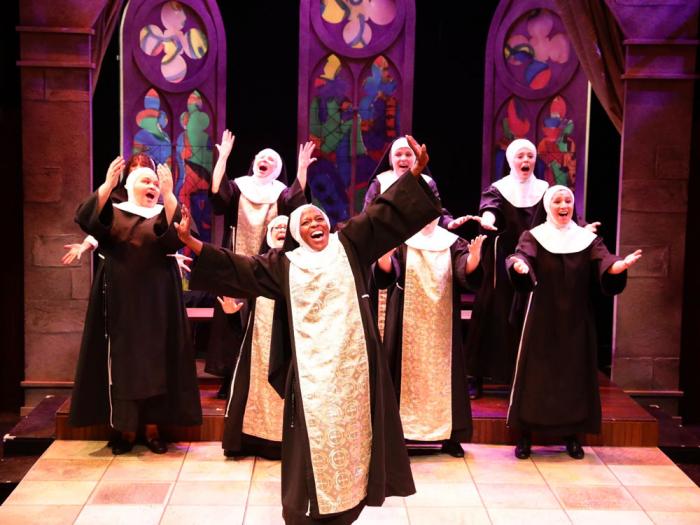 Yewande Odetoyinbo and the ensemble in "Sister Act" at the Lyric Stage. Photo by Mark S. Howard.