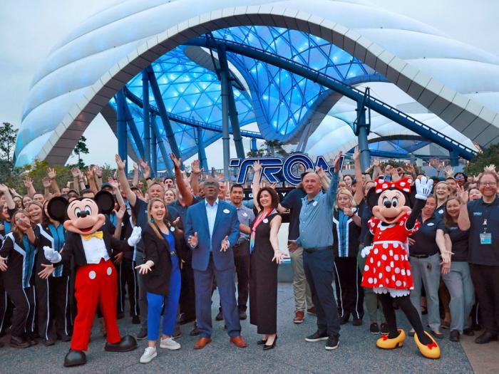 Mickey, Minnie and cast members join Walt Disney World executives in a ceremony marking the official opening of Tron Lightcycle / Run at the Magic Kingdom in Lake Buena Vista, Fla., on Monday, April 3, 2023.