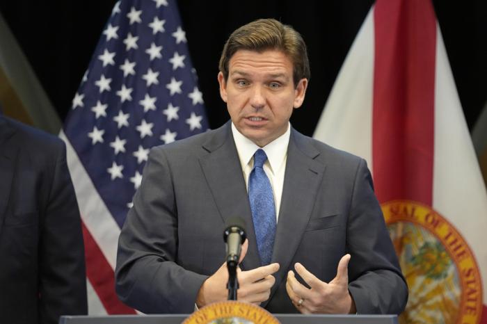 Florida Gov. Ron DeSantis speaks at a news conference at the Reedy Creek Administration Building Monday, April 17, 2023, in Lake Buena Vista, Fla. 