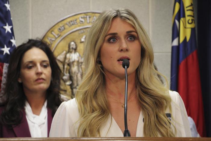 Former collegiate swimmer Riley Gaines speaks at a news conference about transgender inclusion in sports at the North Carolina Legislative Building, Wednesday, April 19, 2023, in Raleigh, N.C. 