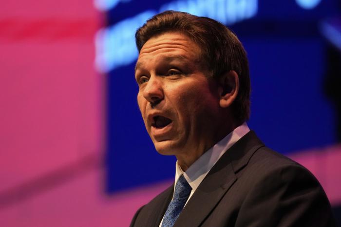 Florida Gov. Ron DeSantis speaks during a conference titled "Celebrate the Faces of Israel" at Jerusalem's Museum of Tolerance, Thursday, April 27, 2023.