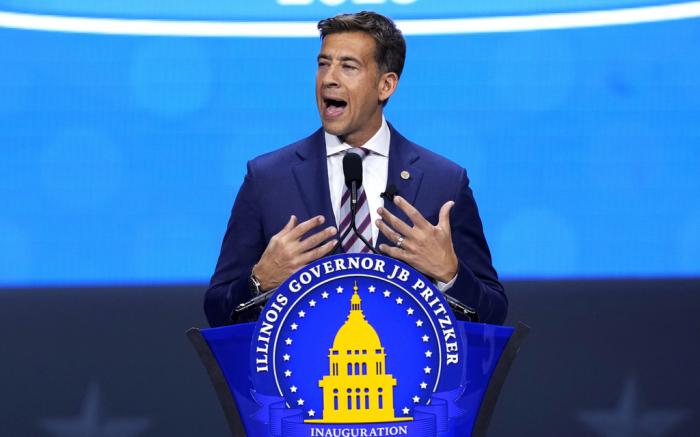 Newley-elected Illinois Secretary of State Alexi Giannoulias addresses the crowd after taking the Oath of Office during a ceremony, Jan. 9, 2023, in Springfield, Ill. 