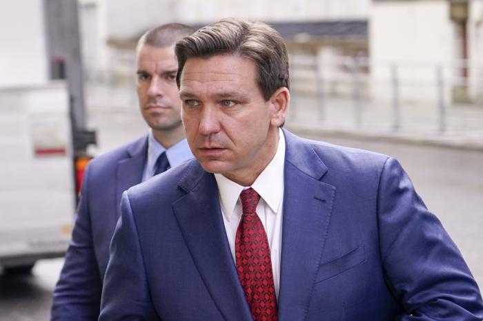 Florida Republican Gov. Ron DeSantis arrives at the Foreign Office to visit Britain's Foreign Secretary in London, Friday, April 28, 2023. 