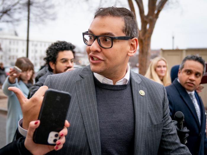 Rep. George Santos, R-N.Y., leaves a House GOP conference meeting on Capitol Hill in Washington, Jan. 25, 2023. (AP Photo/Andrew Harnik, File)