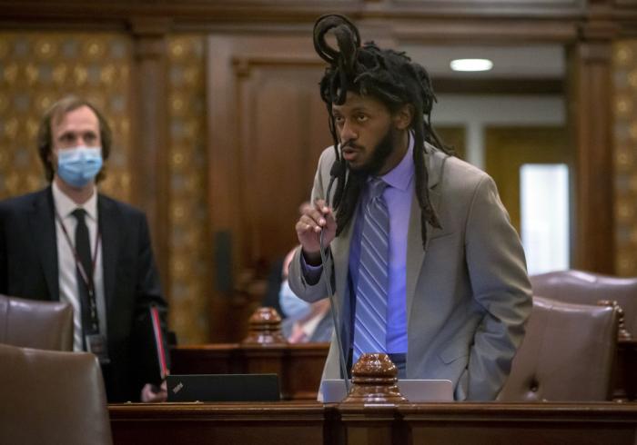 Illinois state Sen. Mike Simmons, D-Chicago, rises to speak on the floor of the Illinois Senate at the state Capitol in Springfield, Ill., May 30, 2021. 