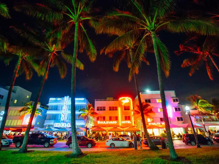 MIami's Art Deco district at night