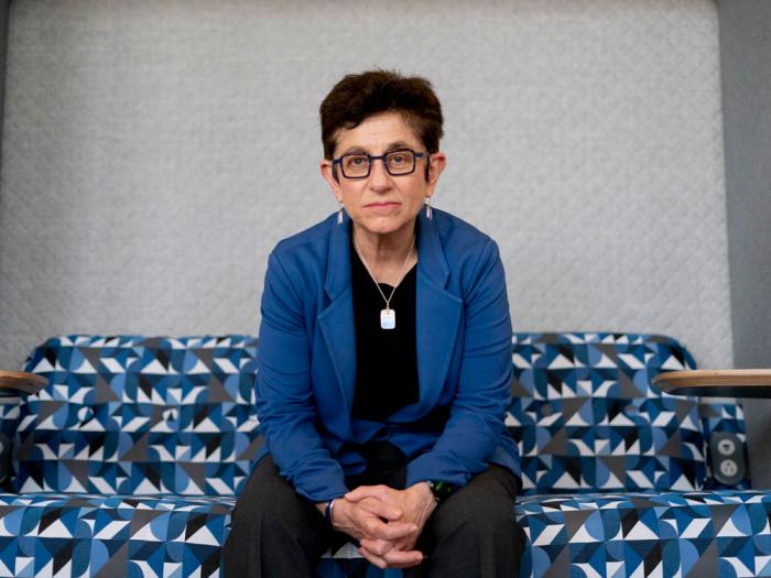 Gigi Sohn, who withdrew her long delayed nomination by the Biden administration for the Federal Communications Commission, poses for a portrait at Georgetown University Law Center, Tuesday, April 4, 2023, in Washington. (AP Photo/Andrew Harnik)