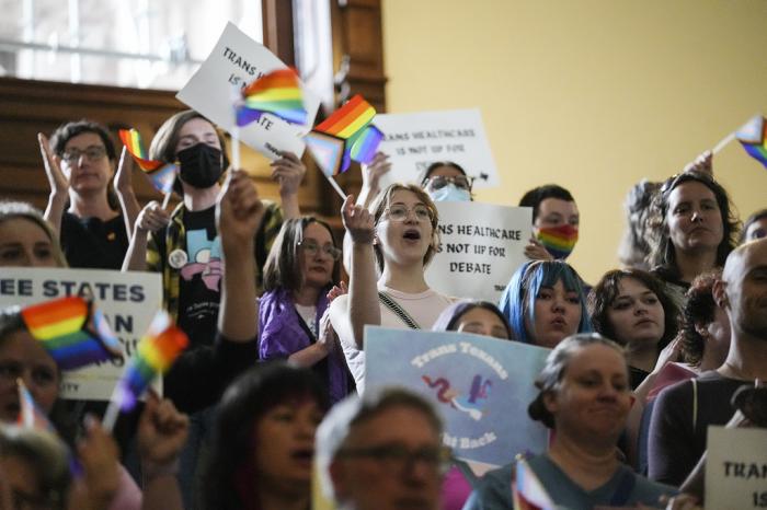 LGBTQ+ activists protest Senate Bill 14 at the Texas Capitol, Friday, May 12, 2023, in Austin, Texas. 