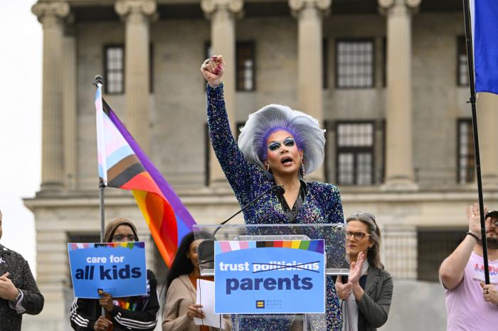 Drag artist Vidalia Anne Gentry speaks during a news conference held by the Human Rights Campaign to draw attention to anti-drag bills in the Tennessee legislature, Tuesday, Feb. 14, 2023 in Nashville, Tenn. 