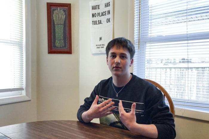 Al-Stone Gebhardt gestures while speaking at his home on Friday, March 3, 2023, in Tulsa, Okla. 