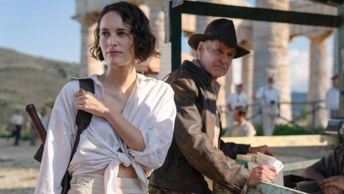 This image released by Lucasfilm shows Phoebe Waller-Bridge, left, and Harrison Ford in a scene from "Indiana Jones and the Dial of Destiny." (Lucasfilm Ltd. via AP)