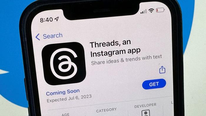 The announcement of the social media app 'Threads' is displayed in Apple's US App Store seen on the screen of a smartphone in Berlin, Germany, Tuesday, July 4, 2023.