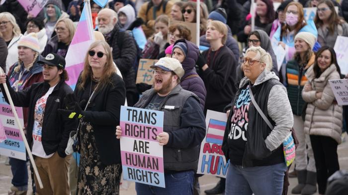 People gather in support of transgender youth during a rally at the Utah State Capitol Tuesday, Jan. 24, 2023, in Salt Lake City.