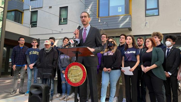 California Sen. Scott Wiener speaks about student housing during a news conference at San Francisco State University in San Francisco, Tuesday, Feb. 22, 2022