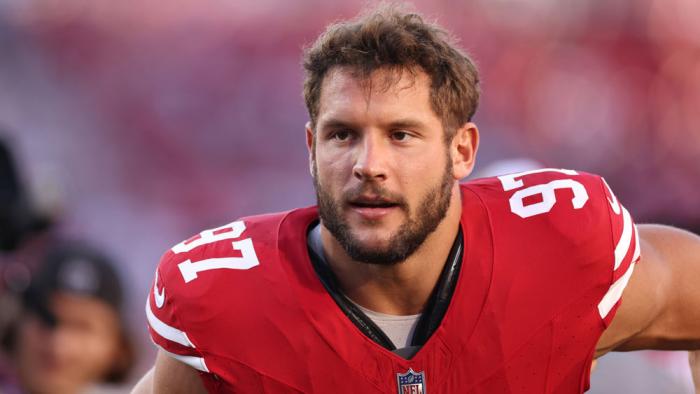Nick Bosa #97 of the San Francisco 49ers is seen on the field during warmups prior to a game against the Dallas Cowboys at Levi's Stadium on October 08, 2023 in Santa Clara, California. (Photo by Ezra Shaw/Getty Images)