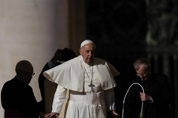 Pope Francis arrives for his weekly general audience in St. Peter's Square, at the Vatican, Wednesday, Nov. 8, 2023.