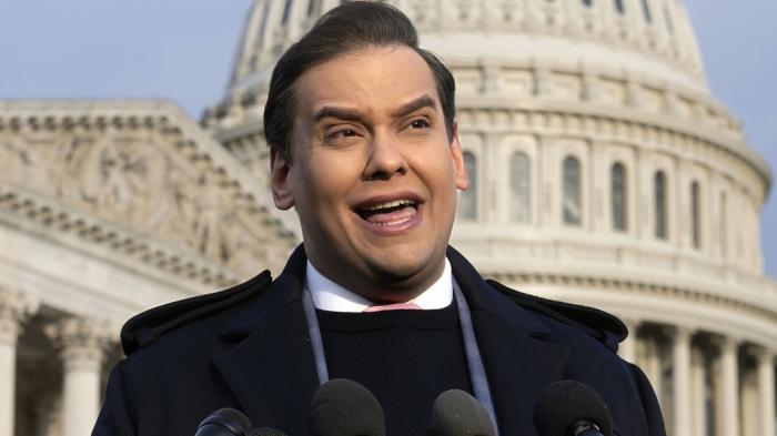 Rep. George Santos, R-N.Y., faces reporters at the Capitol, Nov. 30, 2023, in Washington. 