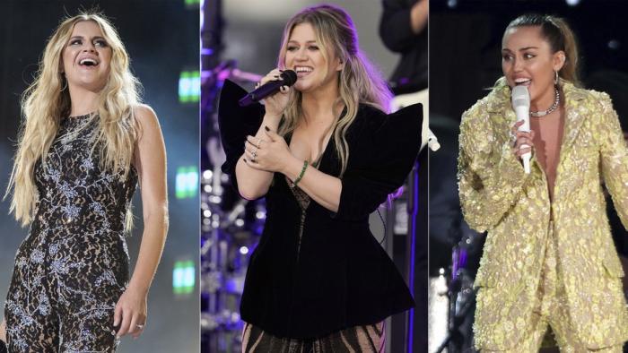 This combination of photos shows Kelsea Ballerini during CMA Fest 2022 in Nashville, Tenn., on June 10, 2022, left, Kelly Clarkson performing on NBC's "Today" show in New York on Sept. 22, 2023, center, and Miley Cyrus performing at the 61st annual Grammy Awards in Los Angeles on Feb. 10, 2019. Cyrus' "Endless Summer Vacation" is up for album of the year and best pop vocal album.