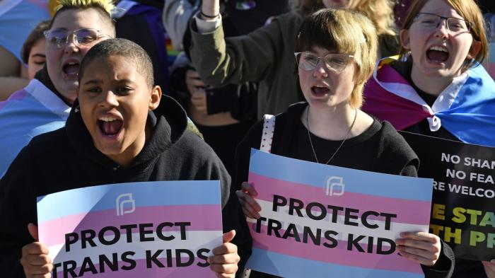 Protesters of Kentucky Senate Bill SB150, known as the Transgender Health Bill, cheer on speakers during a rally on the lawn of the Kentucky Capitol in Frankfort, Ky., March 29, 2023.