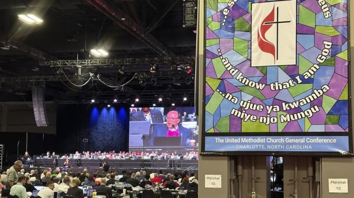 Michigan Bishop David Bard presides at a session of the General Conference of the United Methodist Church on Tuesday, April 30, 2024, in Charlotte, N.C