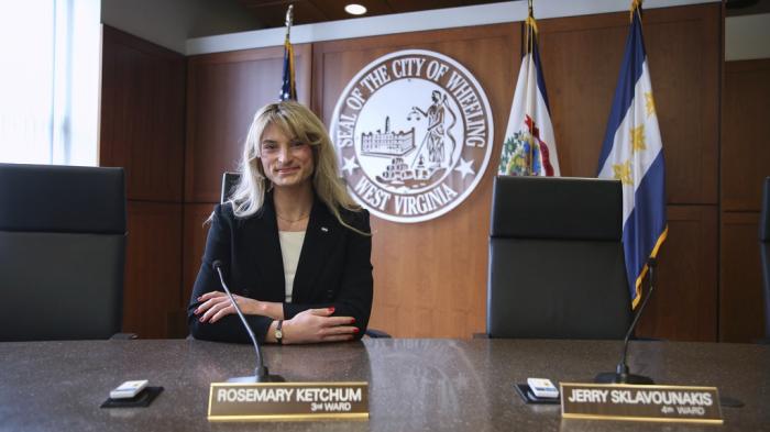 Transgender Mayoral candidate Rosemary Ketchum participates in a City Council meeting On Friday, April 5, 2024, in Wheeling, W.Va.