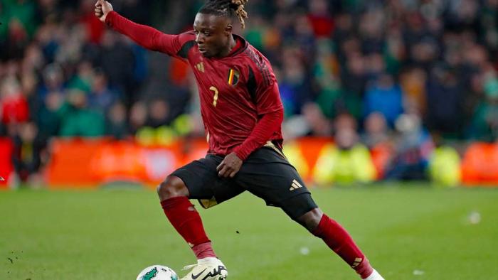 Belgium's Jeremy Doku controls the ball during the international friendly soccer match between Ireland and Belgium in Dublin, Ireland, Saturday, March 23, 2024