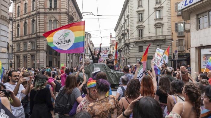 People participate in a gay pride parade in Turin, Italy on Saturday, June 15, 2024. 