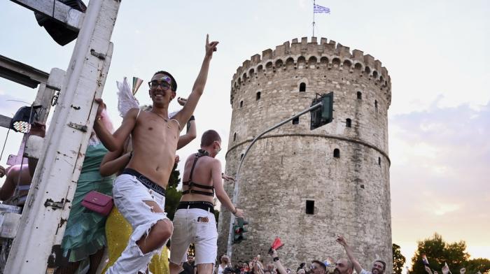 Revellers gather in front of the White Tower during EuroPride, a pan-European international LGBTI event featuring a Pride parade which is hosted in a different European city each year, in the northern port city of Thessaloniki, Greece, Saturday, June 29, 2024.