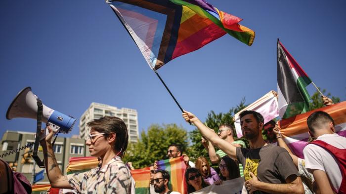 People shout slogans during the annual LGBTQ+ Pride March in Istanbul, Turkey, Sunday, June 30, 2024.