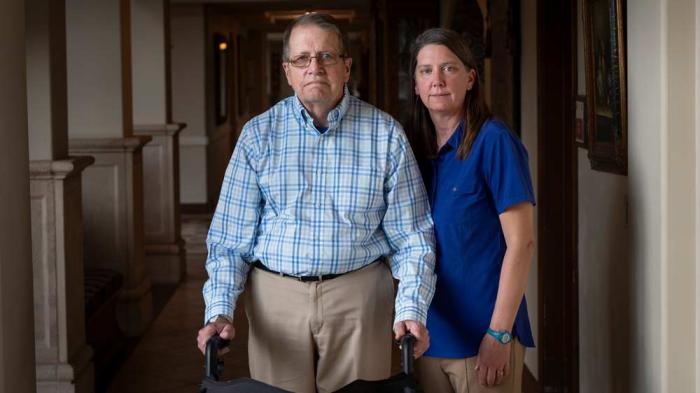 William Bortz, left, stands alongside his daughter, Ave Williams, at his senior living center, Friday, May 17, 2024, in San Diego