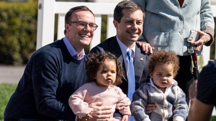 U.S. Secretary of Transportation Pete Buttigieg (R) and husband Chasten Buttigieg and their children Penelope and Gus attend the annual Easter Egg Roll on the South Lawn of the White House on April 10, 2023 in Washington, DC. The tradition dates back to 1878 when President Rutherford B. Hayes invited children to the White House for Easter and egg rolling on the lawn. (Photo by Drew Angerer/Getty Images)