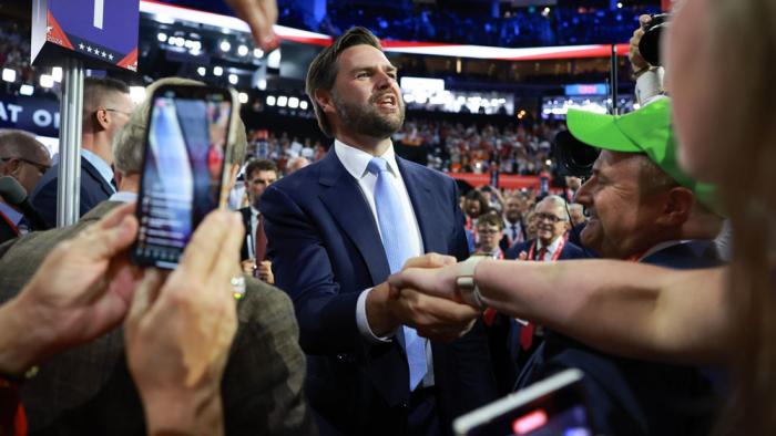  Trump's pick for Vice President, U.S. Sen. J.D. Vance (R-OH) arrives on the first day of the Republican National Convention at the Fiserv Forum on July 15, 2024 in Milwaukee, Wisconsin. Delegates, politicians, and the Republican faithful are in Milwaukee for the annual convention, concluding with former President Donald Trump accepting his party's presidential nomination. The RNC takes place from July 15-18. (Photo by Joe Raedle/Getty Images)