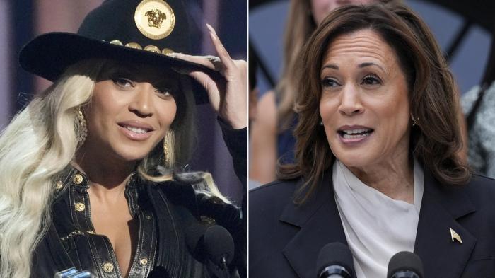 Beyonce at the iHeartRadio Music Awards in Los Angeles on April 1, 2024, left, and Vice President Kamala Harris speaking from the South Lawn of the White House in Washington on July 22, 2024. 