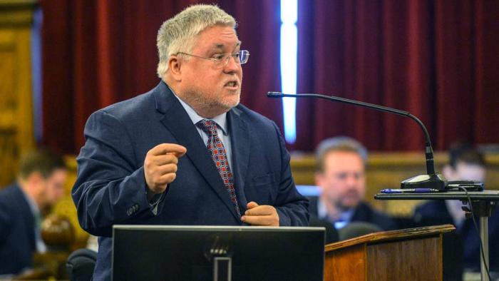 West Virginia Attorney General Patrick Morrisey presents opening arguments during a trial, April 4, 2022, in Charleston, W.Va.